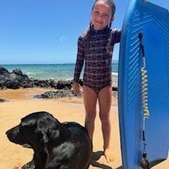 a dog standing on a beach